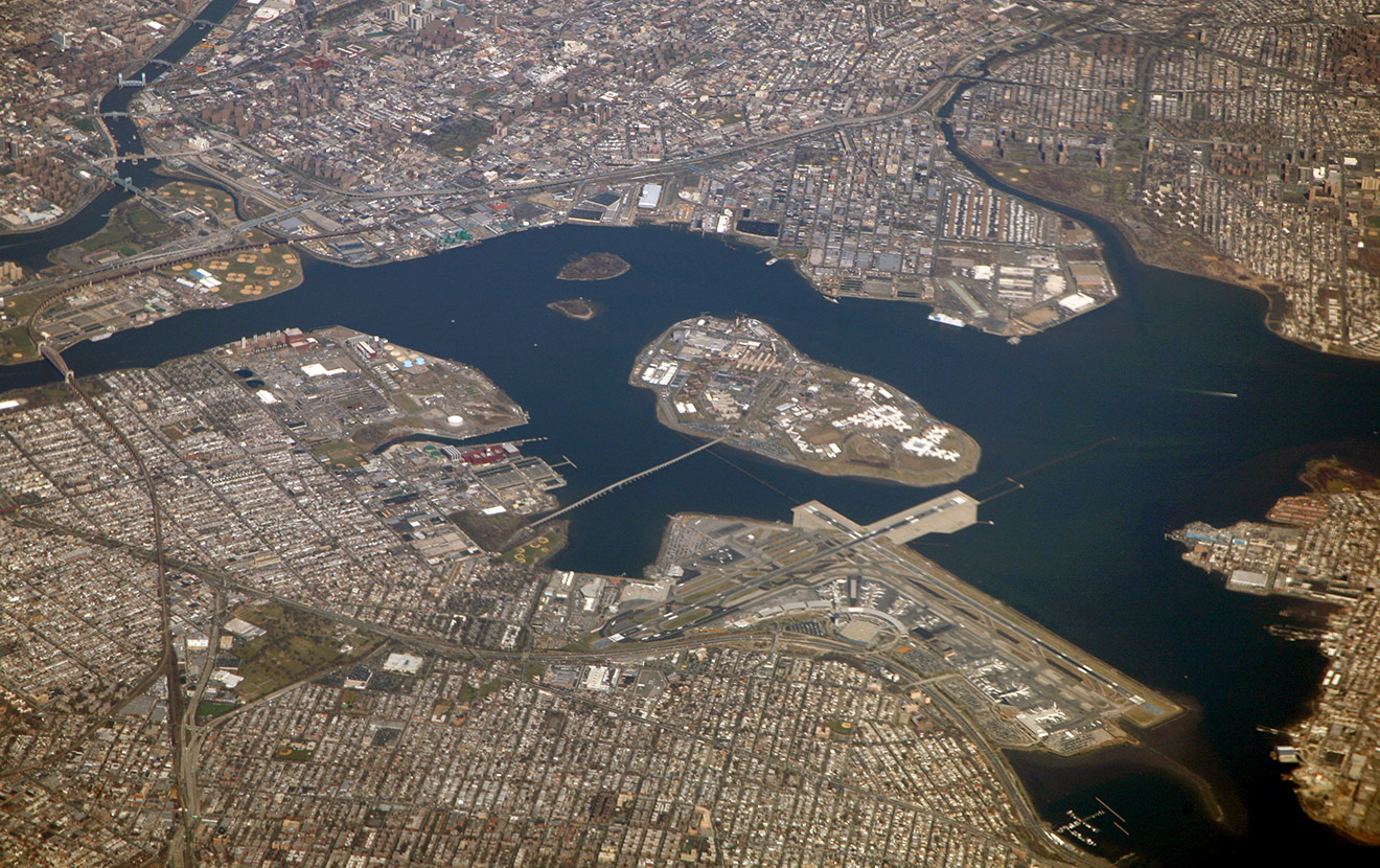 Aerial view of Rikers Island, New York with La Guardia airport in the foreground