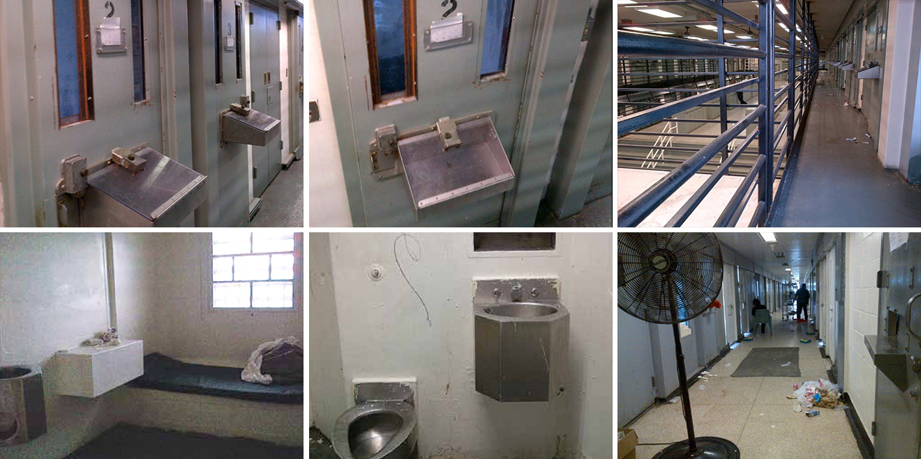 Top row, L-R: Views of the upper tier in MHAUII for adolescents at GRVC. "ADOL" refers to adolescents. Each door has a "slot" through which food is delivered to prisoners. It also functions as a cuffing port, through which prisoners must place their hands for handcuffing before they exit their cell. Bottom row, L-R: The interior of a typical punitive segretation cell in CPSU; A toilet, sink/water fountain, and mirror in a typical cell; A view down the tier in the Restricted Housing Unit (RHU) at RNDC.
