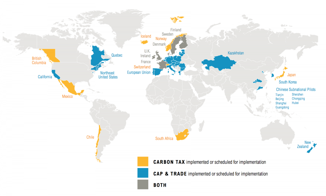 Carbon pricing programs worldwide in 2015.