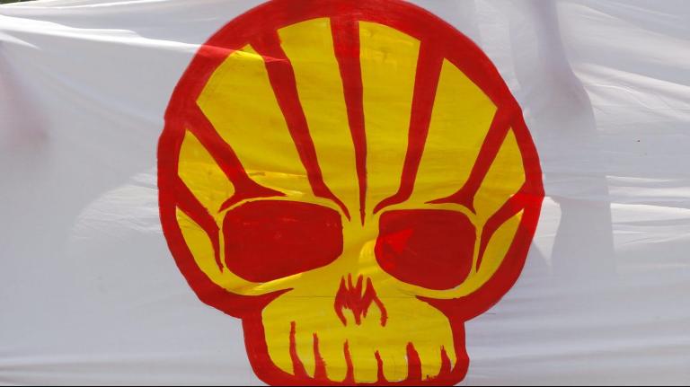 A member of the Indigenous Environmental Network demonstrates against the Shell oil company outside the South African Petroleum Refinery (SAPREF) in Durban November 30, 2011. The city is hosting the United Nations Framework Convention on Climate Change Conference of the Parties meeting (COP17).