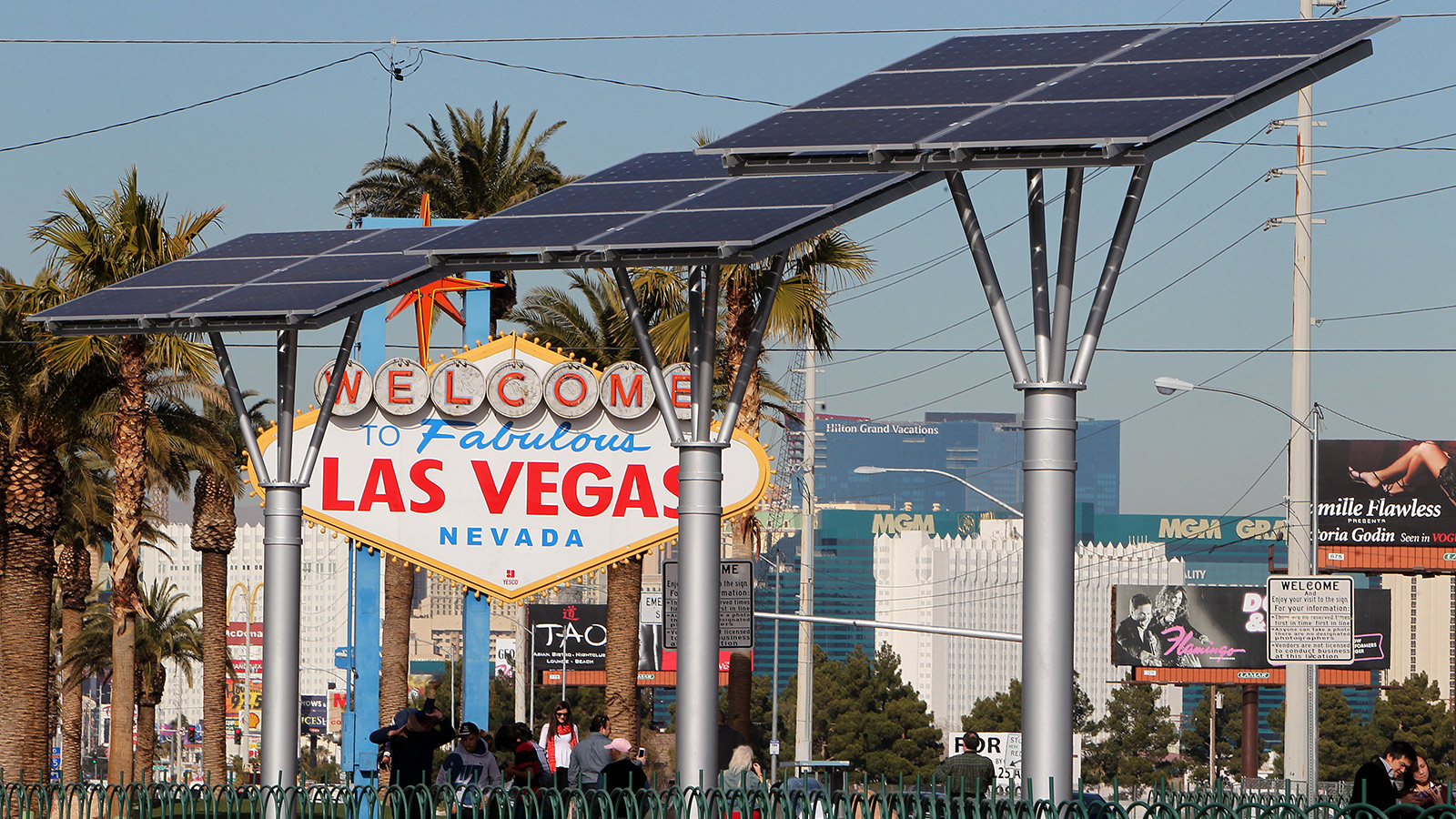 The iconic 'Welcome To Las Vegas' sign built in 1959, is now powered by solar energy as of Jan. 8. The three 25- foot tall 'Solar Tree' towers, with photovoltiac cell arrays , power the famous sign. A public-private partnership of community groups and businesses came together to design and fully fund the project.