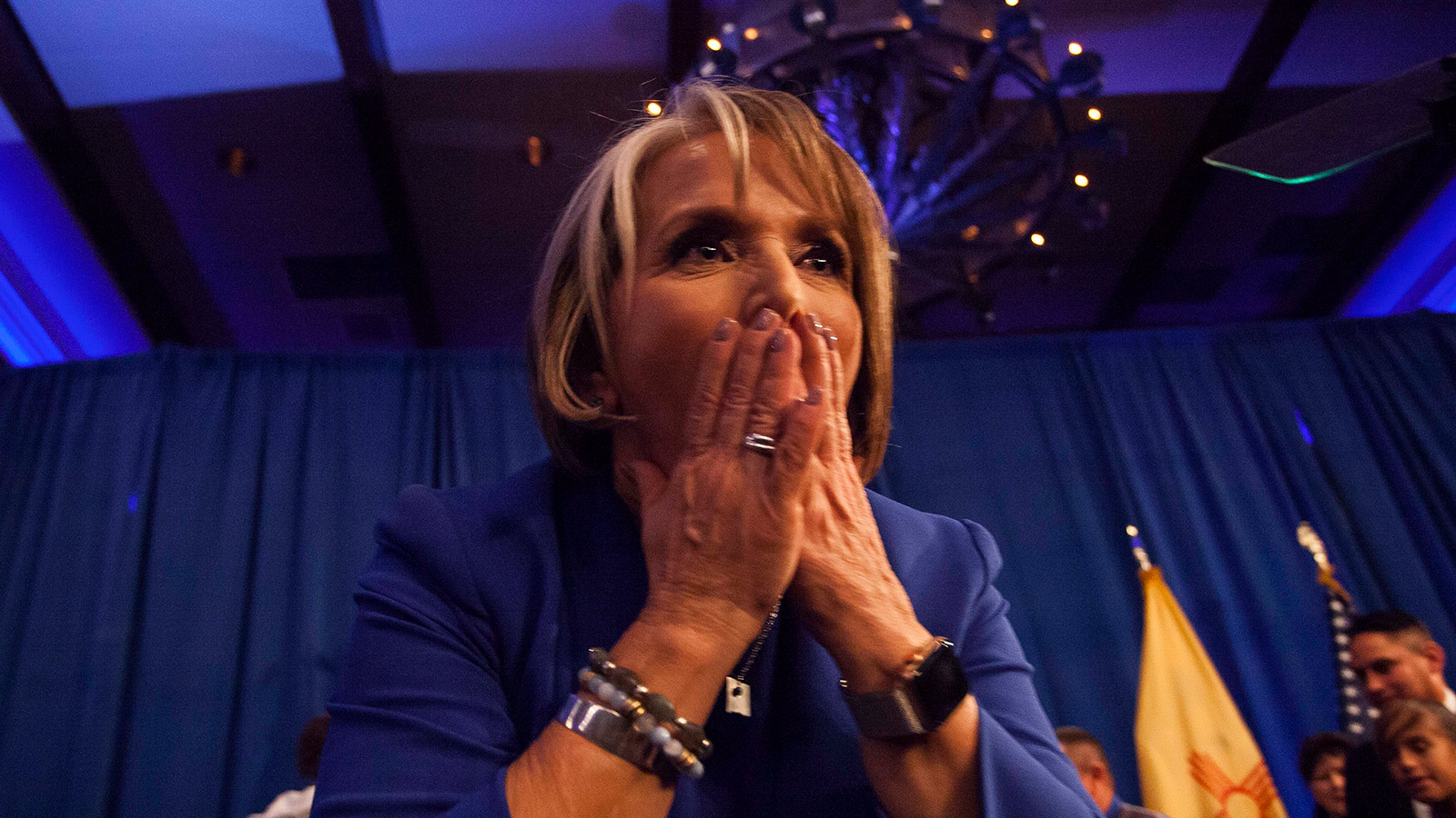 New Mexico Governor-elect Michelle Lujan Grisham blows kisses to supporters following her acceptance speech during midterms' election night in Albuquerque, N.M., Tuesday, Nov. 6, 2018.