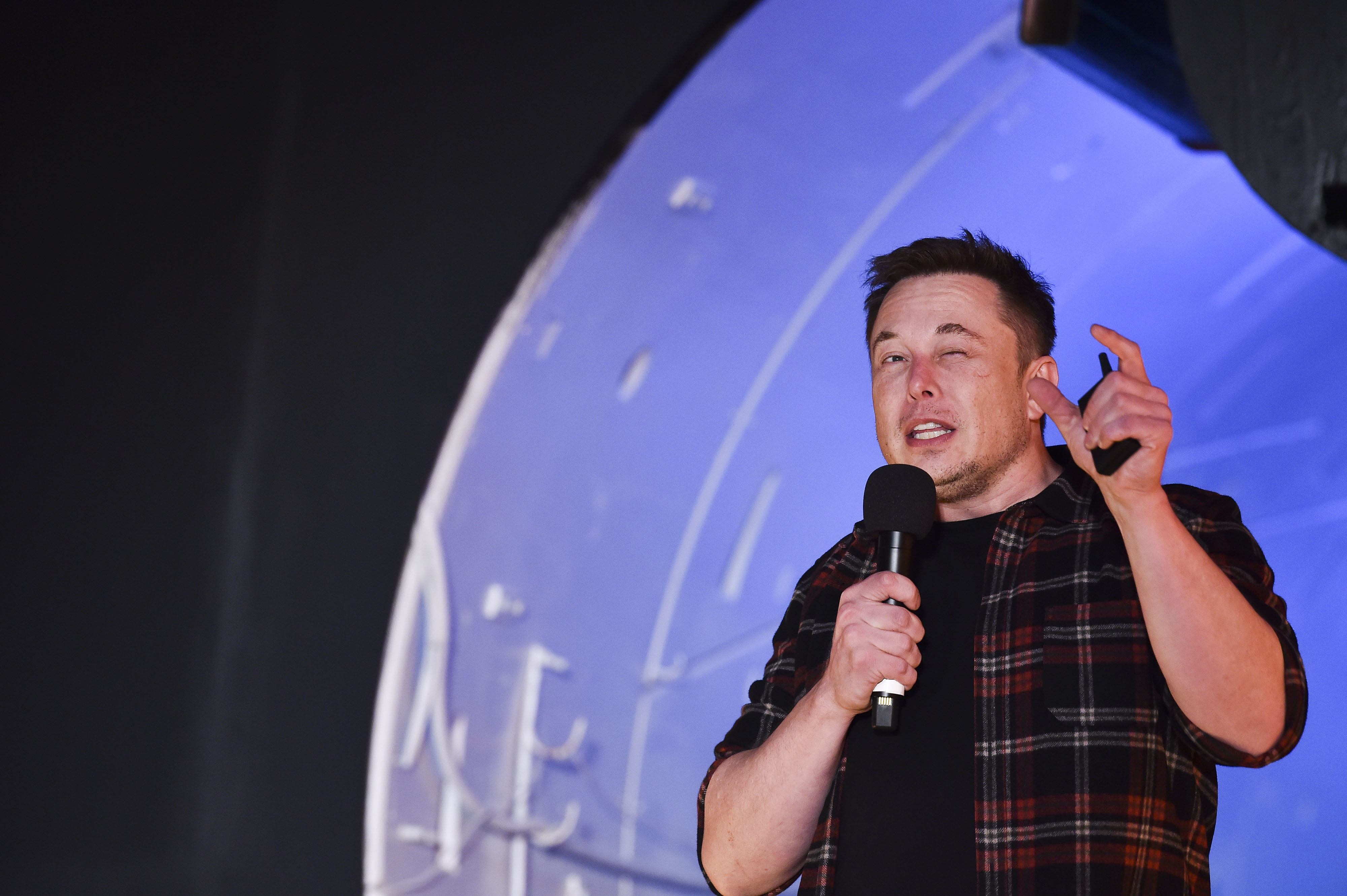 Elon Musk, co-founder and Chief Executive Officer of Tesla Inc., speaks at an unveiling event for The Boring Company Hawthorne test tunnel December 18, 2018 in Hawthorne, California.