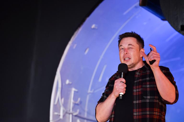 Elon Musk, co-founder and Chief Executive Officer of Tesla Inc., speaks at an unveiling event for The Boring Company Hawthorne test tunnel December 18, 2018 in Hawthorne, California.
