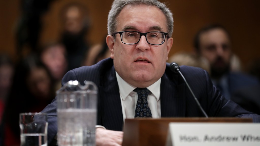 Andrew Wheeler answers senators' questions during his confirmation hearing to be the next administrator of the Environmental Protection Agency
