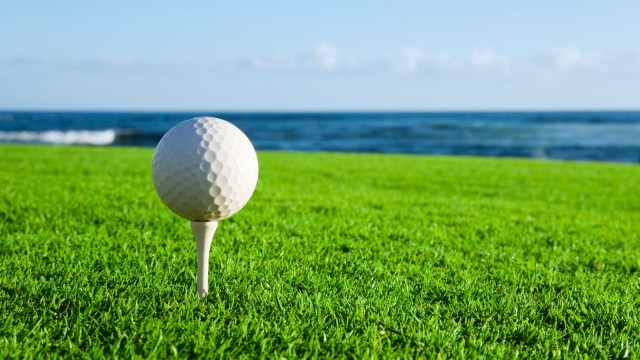 Golf ball on a tee by the ocean.
