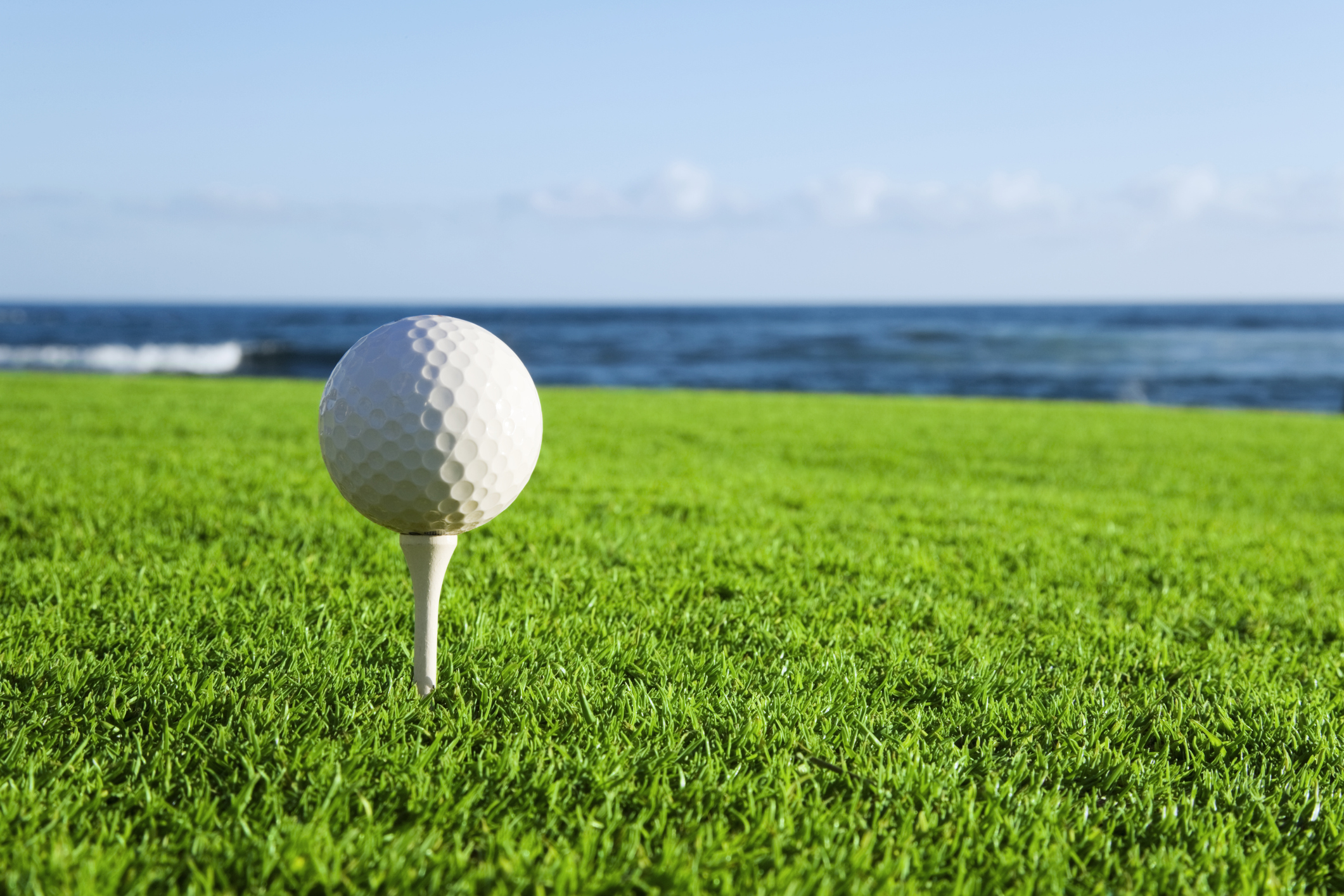 Golf ball on a tee by the ocean.