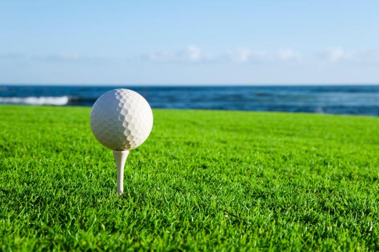 Golf ball on a tee by the ocean.