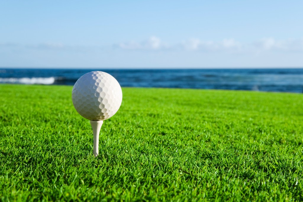 Golf ball on a tee by the ocean.