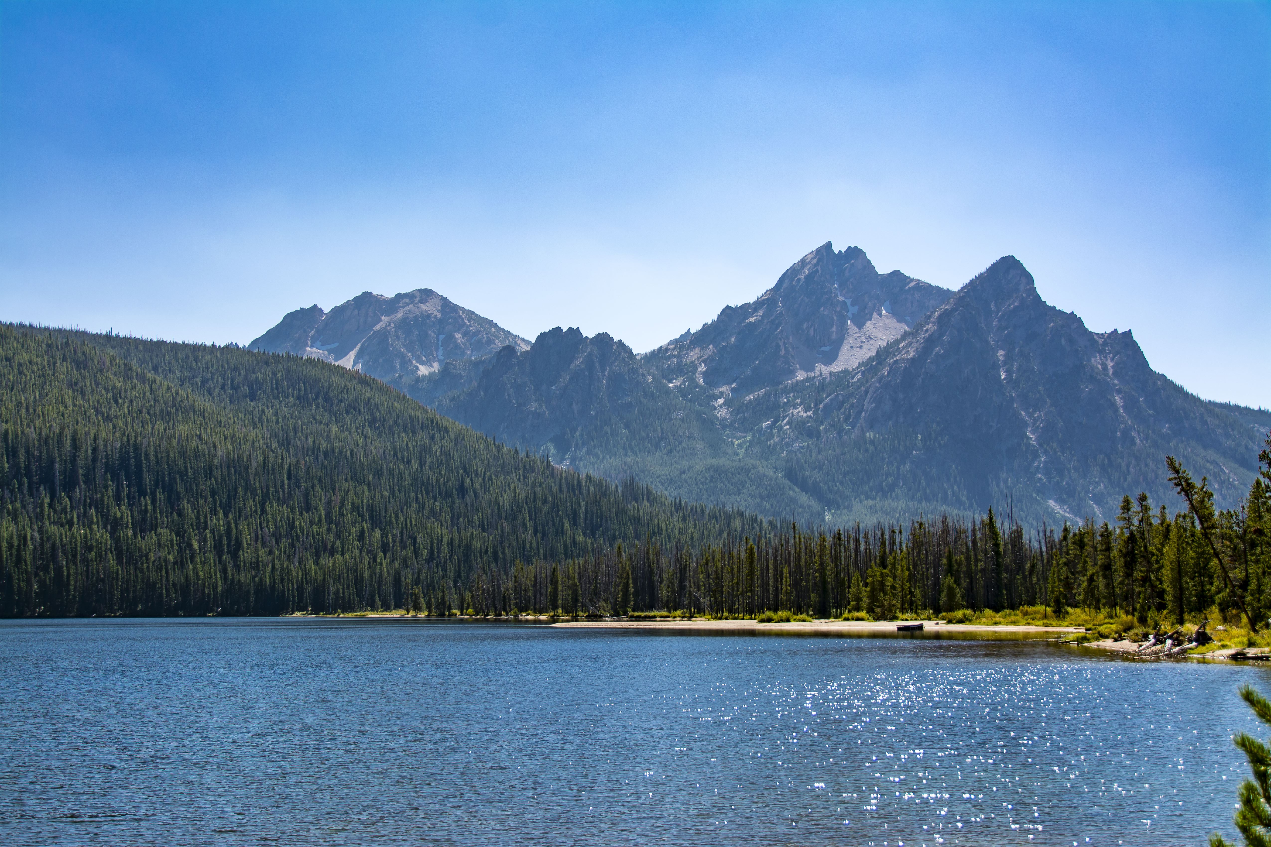 Scenic view of Stanley Lake and Sawtooth Mountains at Stanley, Idaho.