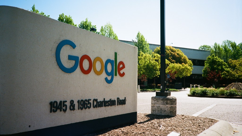Sign and logo at the Googleplex, Google's Silicon Valley headquarters.