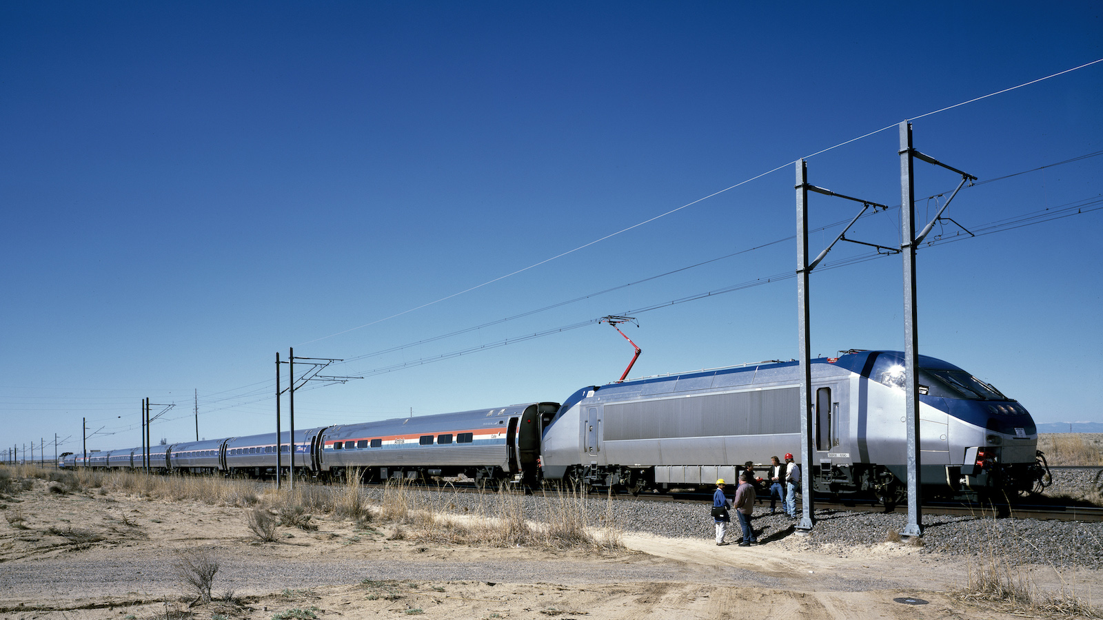 Amtrak new Acela Express trainset, left, at its test site in Pueblo, Colorado, prior to its introduc
