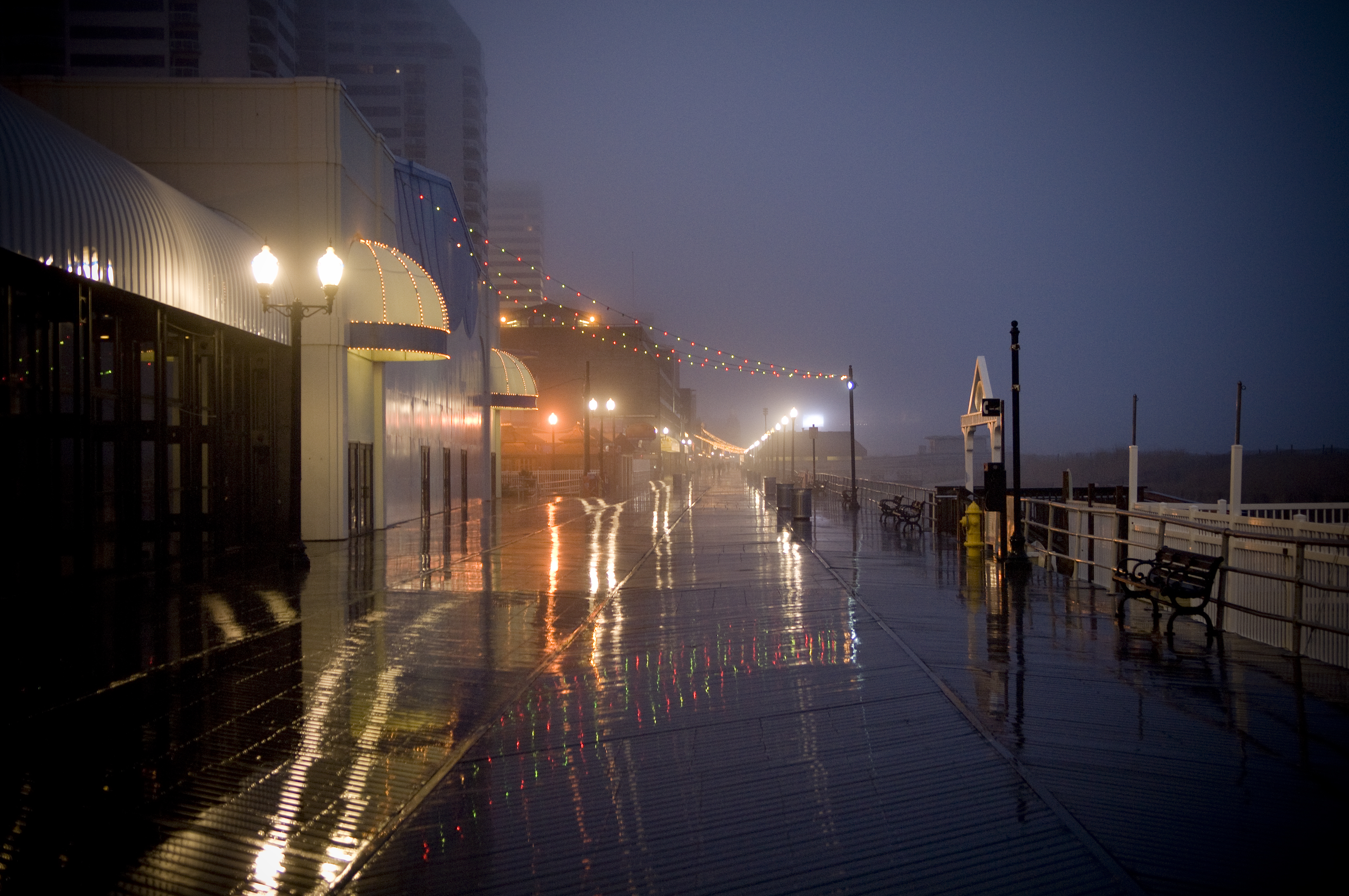 A damp view of Atlantic City's boardwalk.