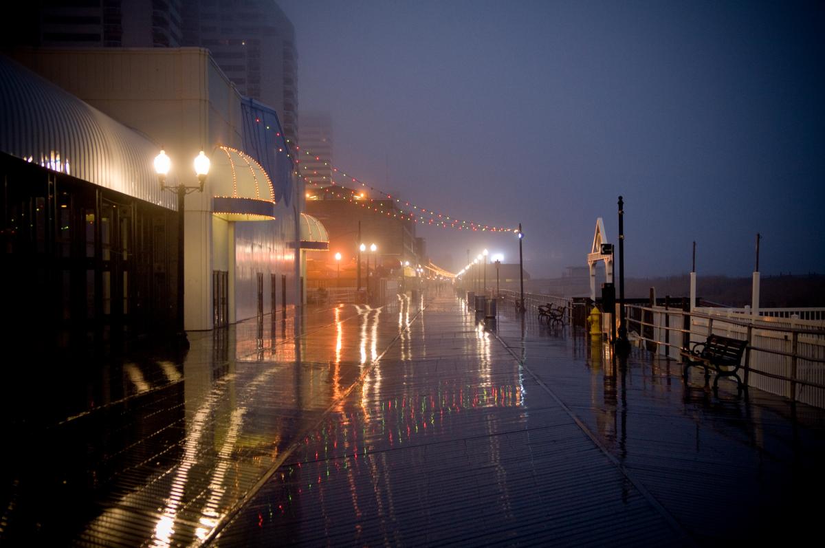 A damp view of Atlantic City's boardwalk.