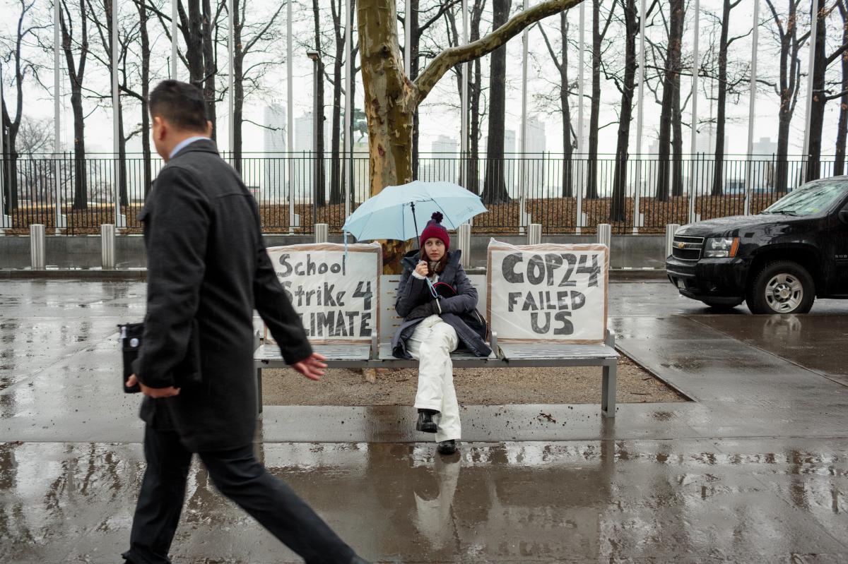 Alexandria skips school on Friday morning to strike in front of the U.N., with signs reading: "School Strike 4 Climate" and "Cop24 Failed Us."