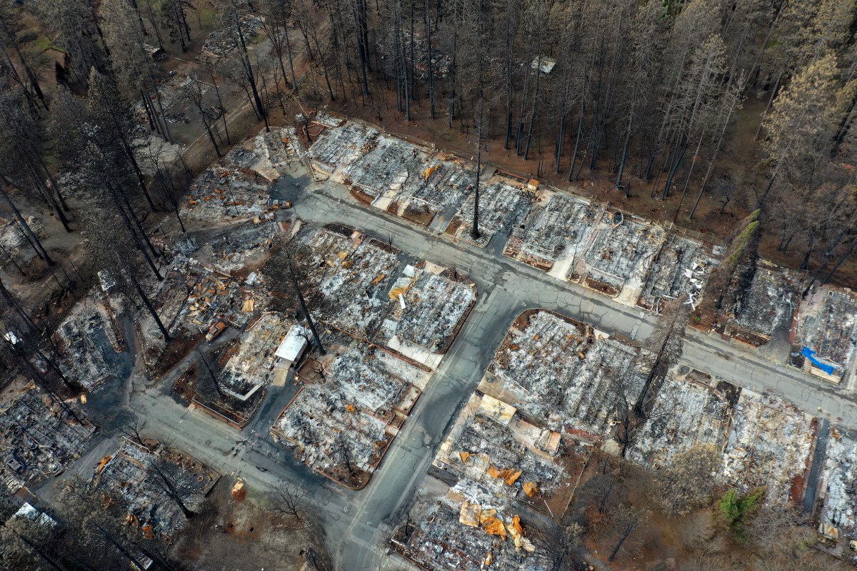 An aerial view of homes destroyed by the Camp Fire in Paradise, California.