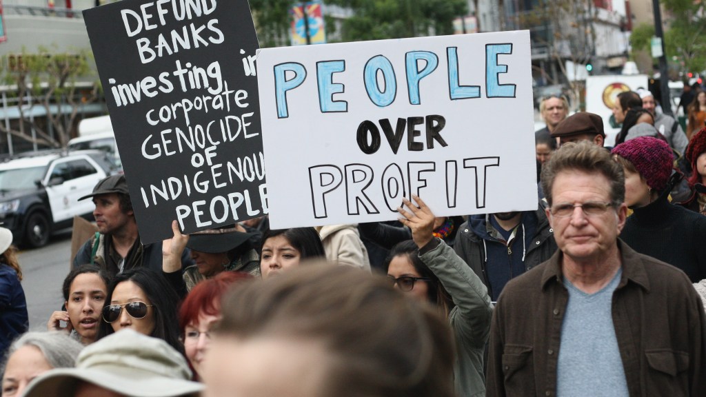 Protesters rally against Wells Fargo in solidarity with the people of Standing Rock in 2016.