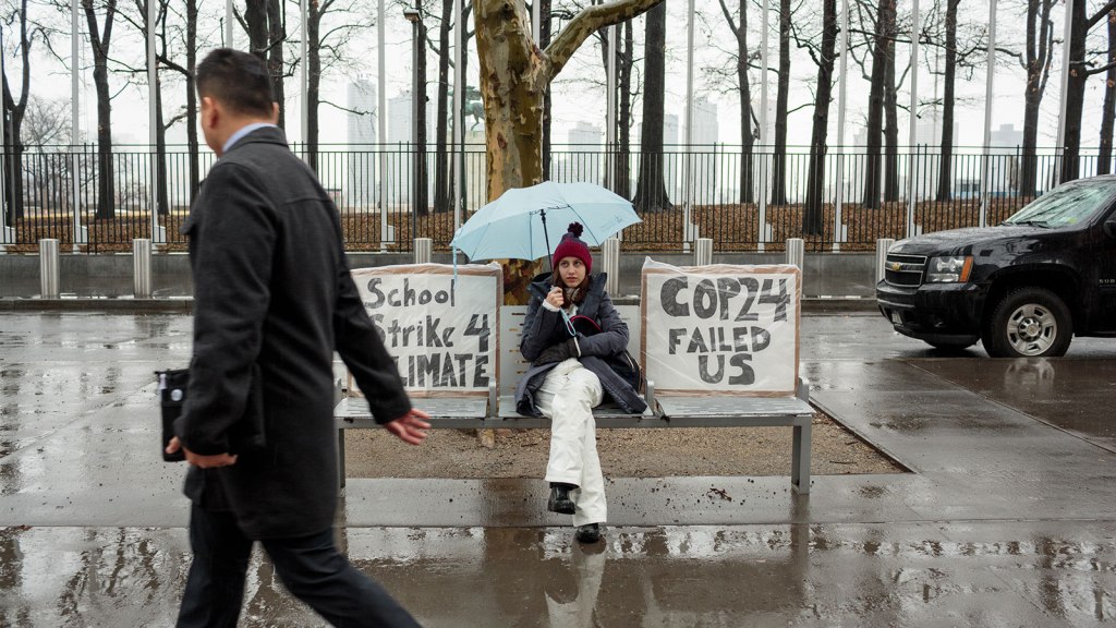Alexandria Villasenor skips school on Friday morning to strike in front of the UN, with signs reading: "School Strike 4 Climate" and "Cop24 Failed Us."