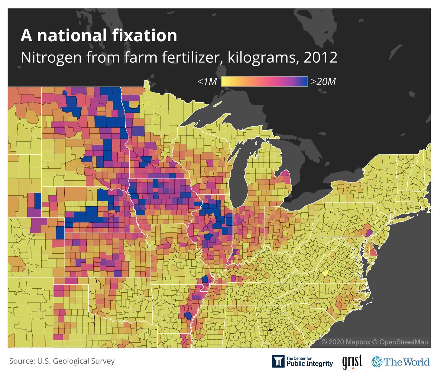 A map of the Midwest showing nitrogen from farm fertilizer in kilograms from 2012. High concentrations appear along the Mississippi River.