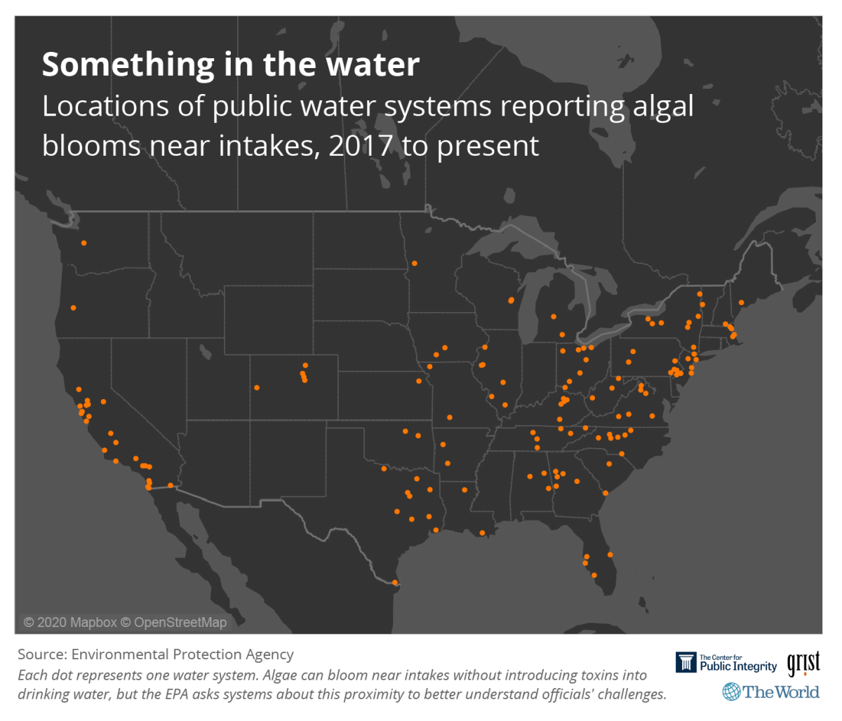 A map showing the locations of public water systems reporting algal blooms near intakes, 2017 to present