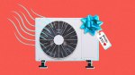 An air conditioning unit with a gift bow and a tag saying "From: NYC" with a heart.