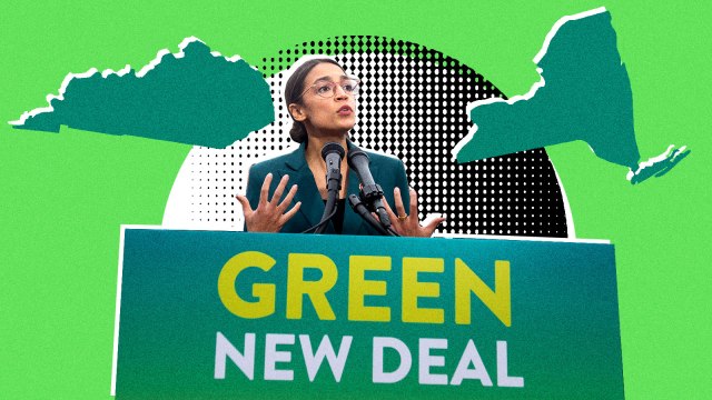 A collaged image of Alexandria Ocasio Cortez speaking behind a sign saying "Green New Deal" with the silhouettes of Kentucky and New York next to her