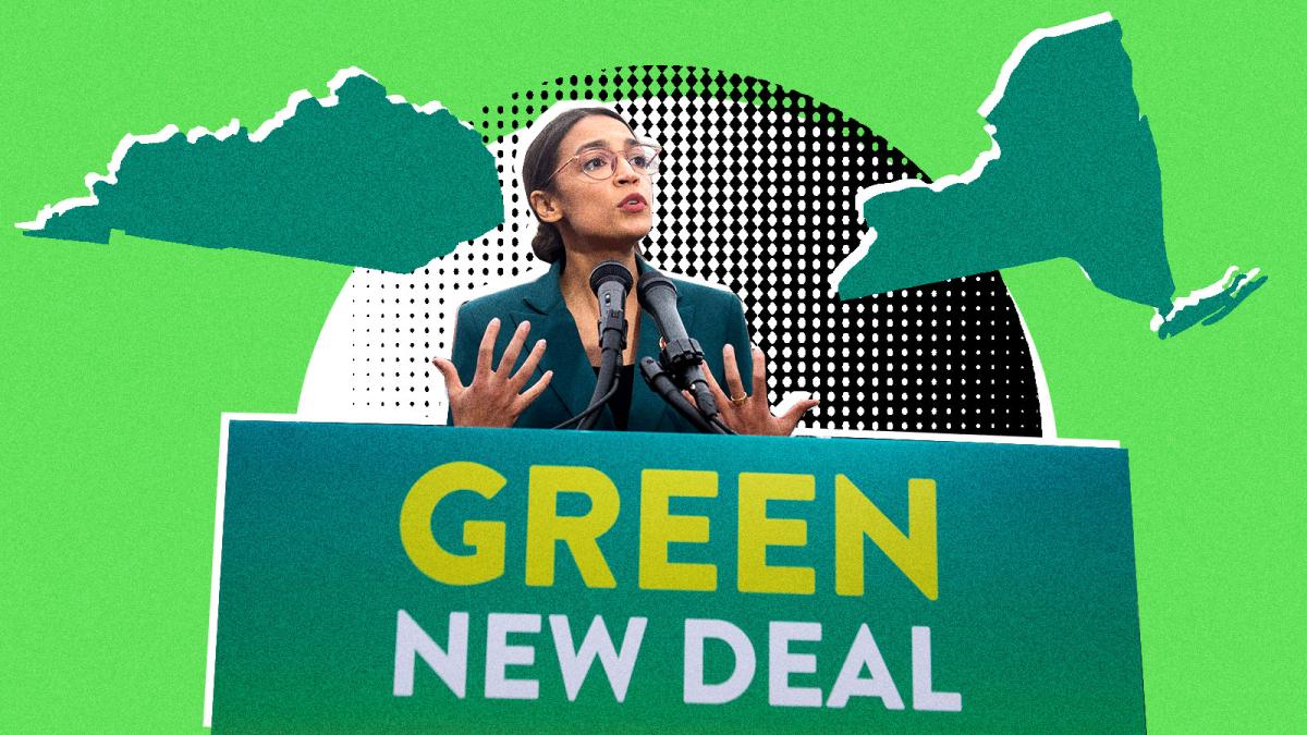 A collaged image of Alexandria Ocasio Cortez speaking behind a sign saying "Green New Deal" with the silhouettes of Kentucky and New York next to her