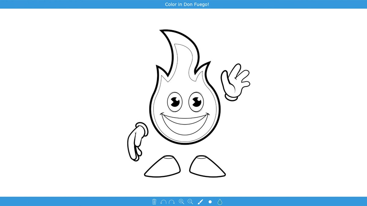An online coloring book page of a flame character named Don Fuego
