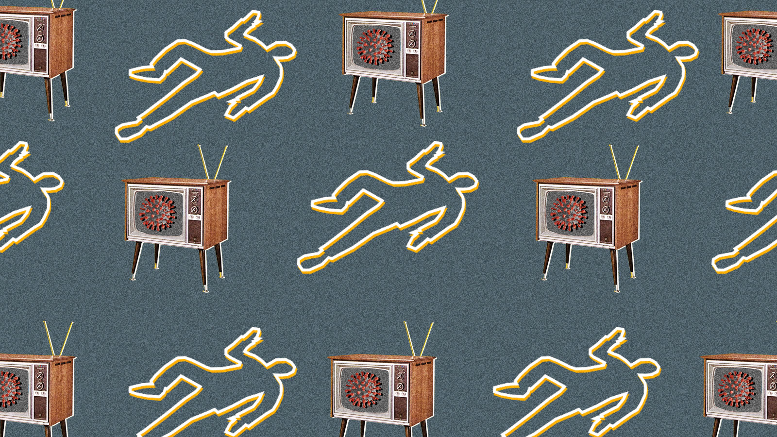 A repeating pattern of body outlines and televisions with the coronavirus on the screen