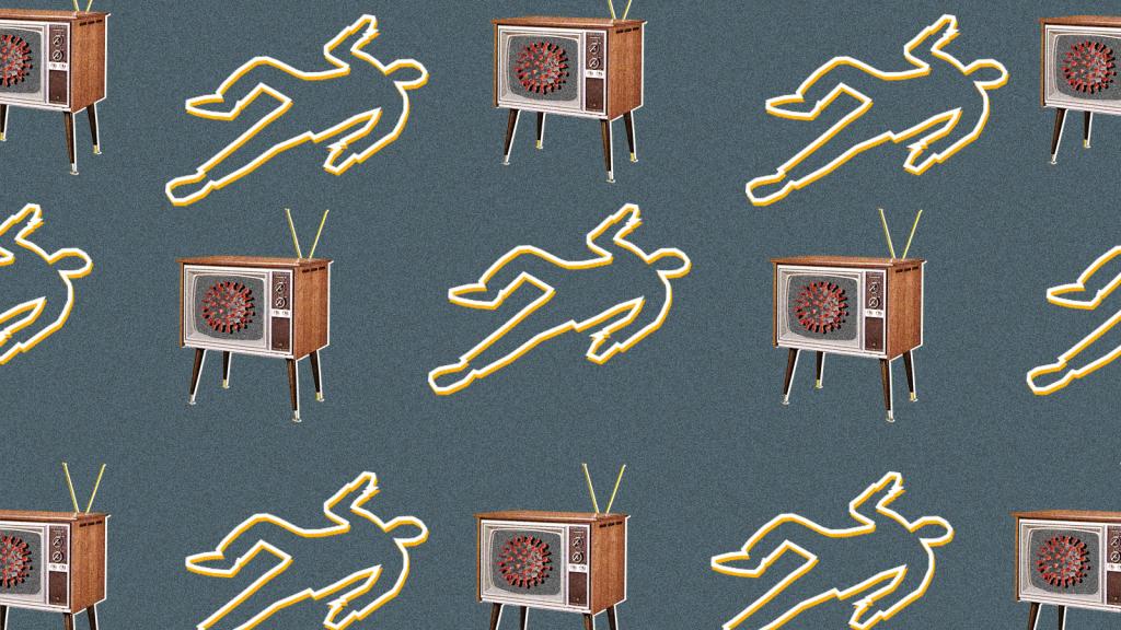 A repeating pattern of body outlines and televisions with the coronavirus on the screen