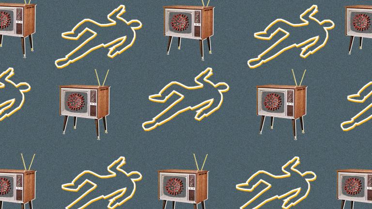 A repeating pattern of body outlines and televisions with the coronavirus on the screen