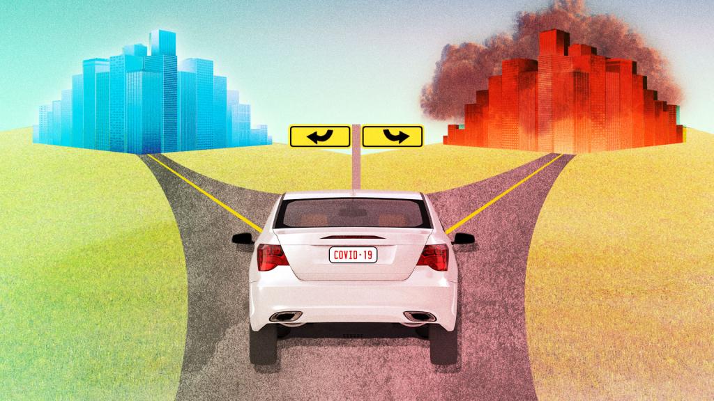 A car at a crossroads leading to a clean city and a city covered in smog