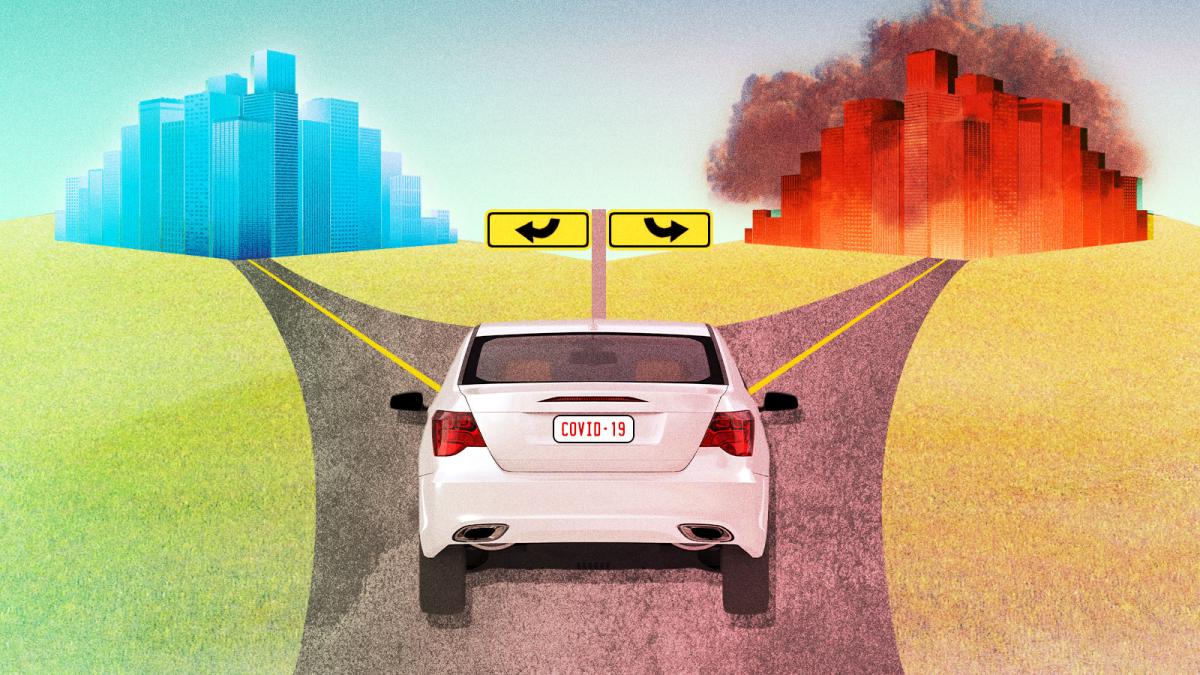 A car at a crossroads leading to a clean city and a city covered in smog