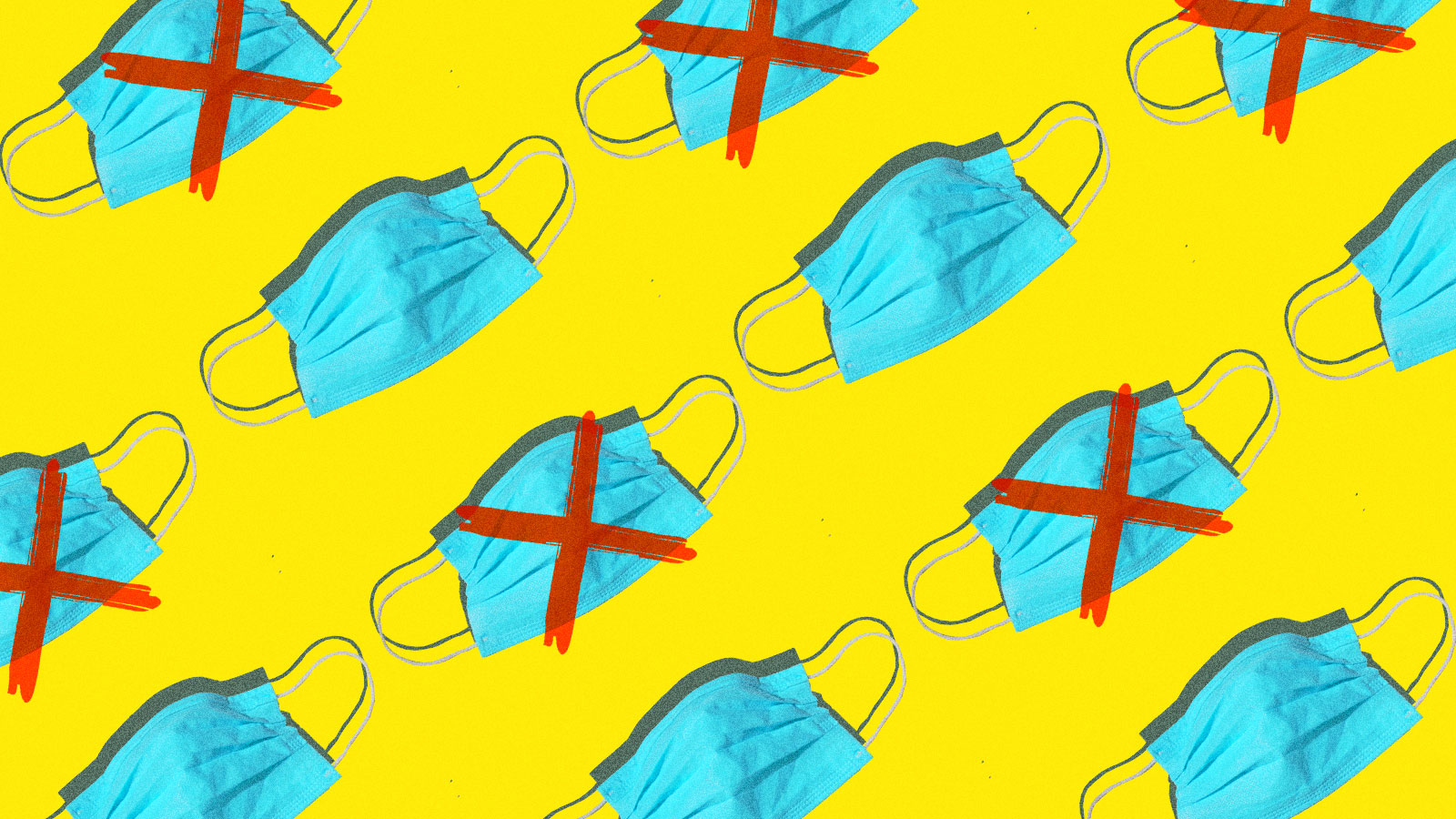 A pattern of face masks, some with red exes on top of them, on a yellow background