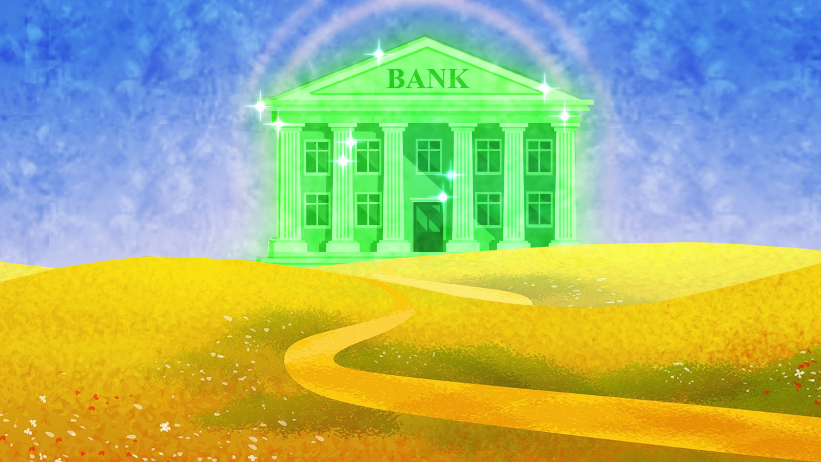 A bank in the style of the Emerald City in The Wizard of Oz