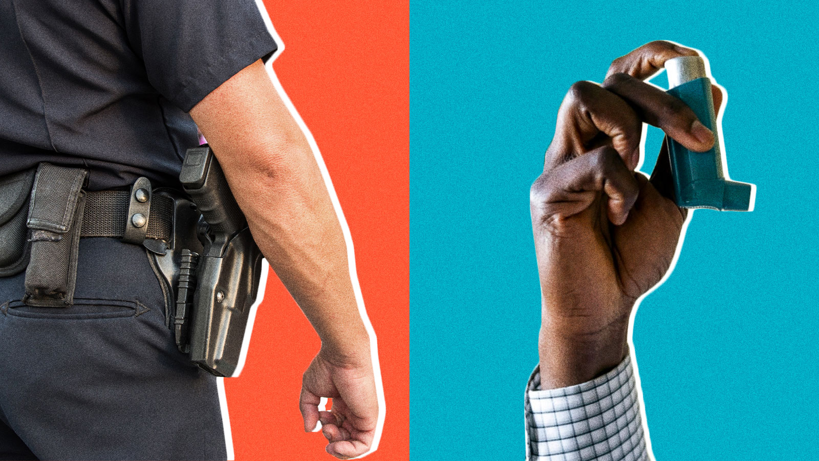 A split screen of a police officer from behind and a black man's hand holding an asthma inhaler