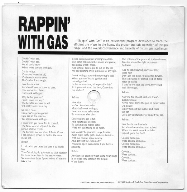 An old newspaper clipping called "Rappin' with Gas" contains lyrics to a rap about the merits of natural gas.