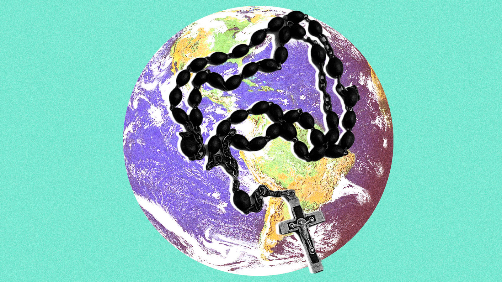 An image of planet Earth with a rosary on top of it