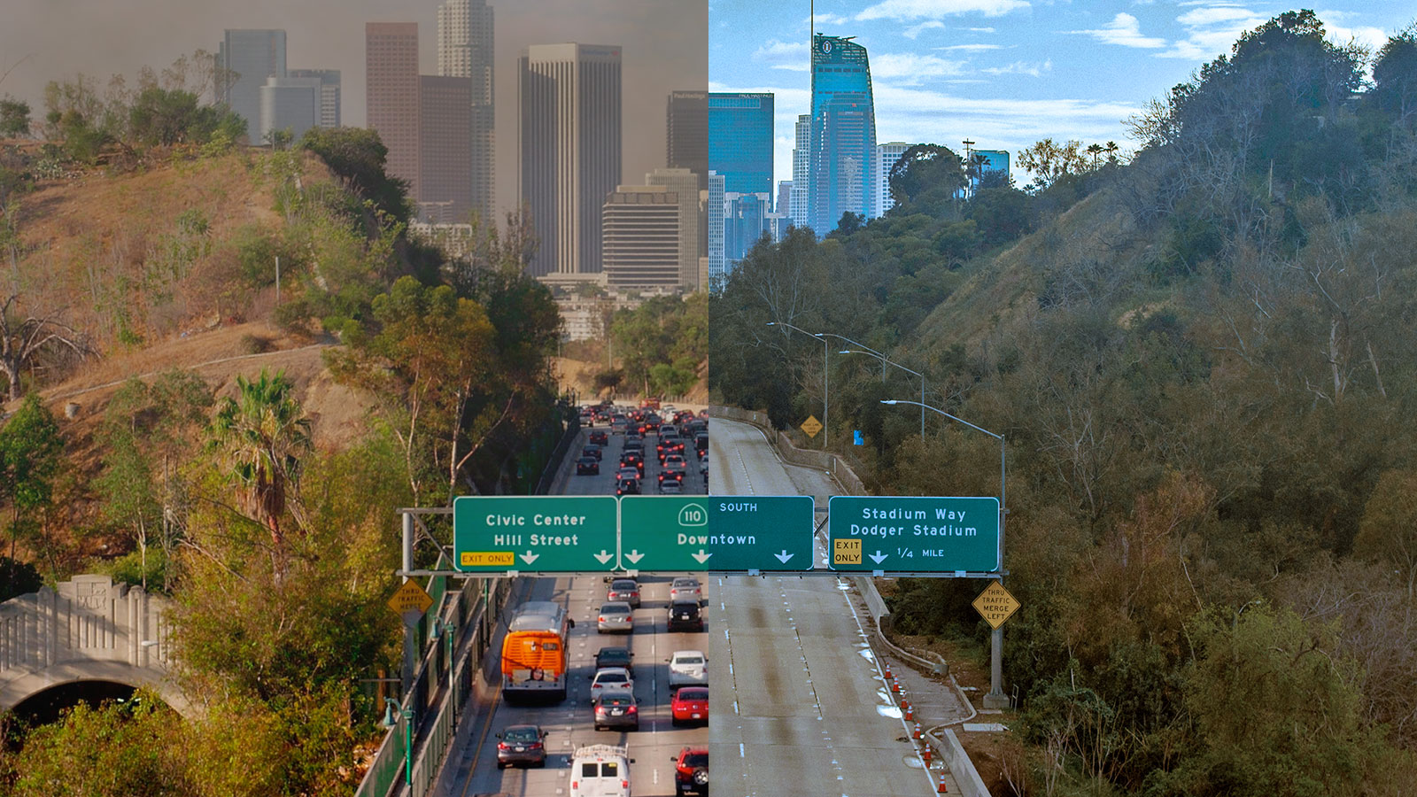 A split screen of a Los Angeles freeway with heavy traffic and smog on the left, and an empty freeway on the right