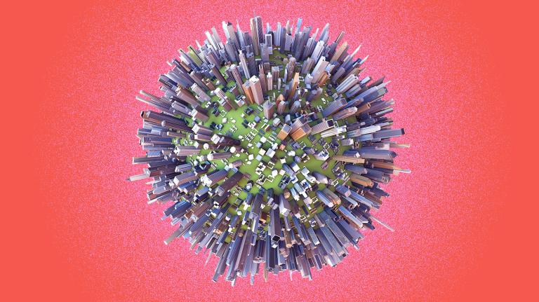 A sphere covered in city buildings that looks like the novel coronavirus.