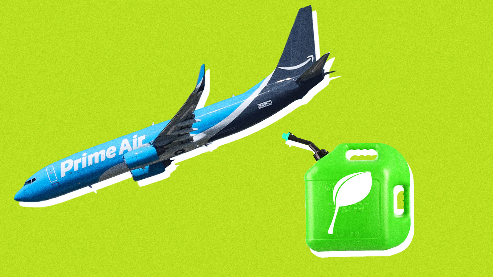An Amazon Air airplane with a gas can that has a leaf on it