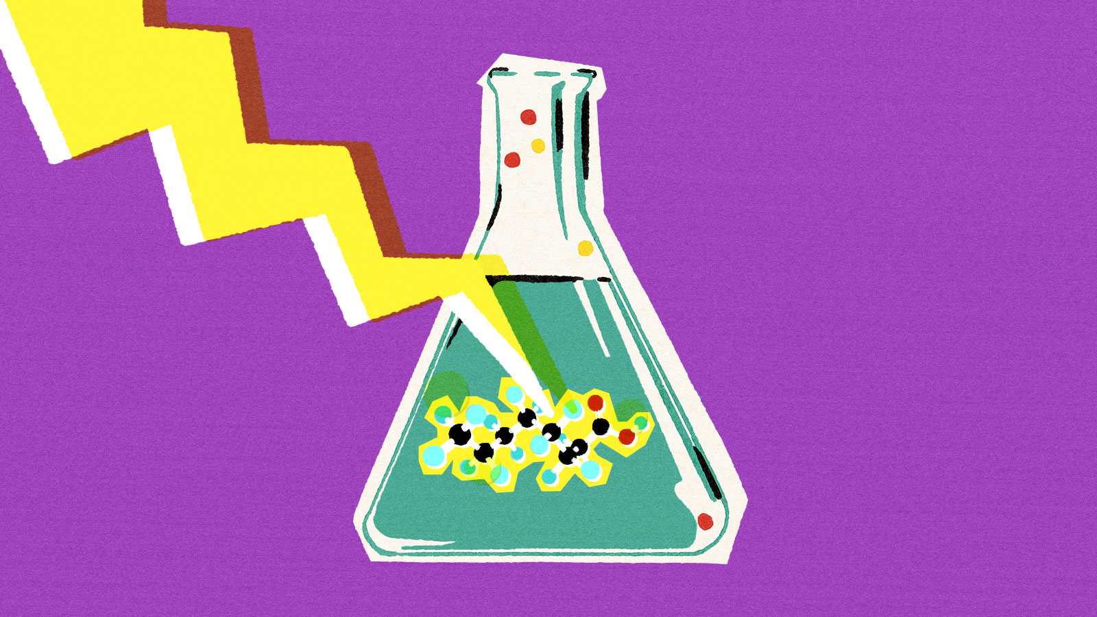 An illustration of a beaker with a molecule representing PFAs being struck by lightning