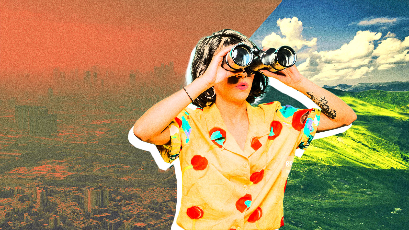 A woman looking through binoculars with a split screen of a smoggy city and green valley behind her