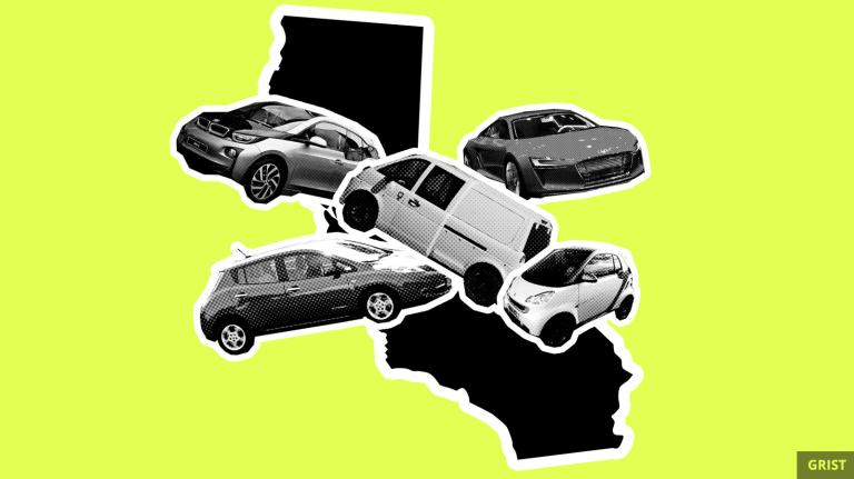 Cars overlay an image of the state of California.