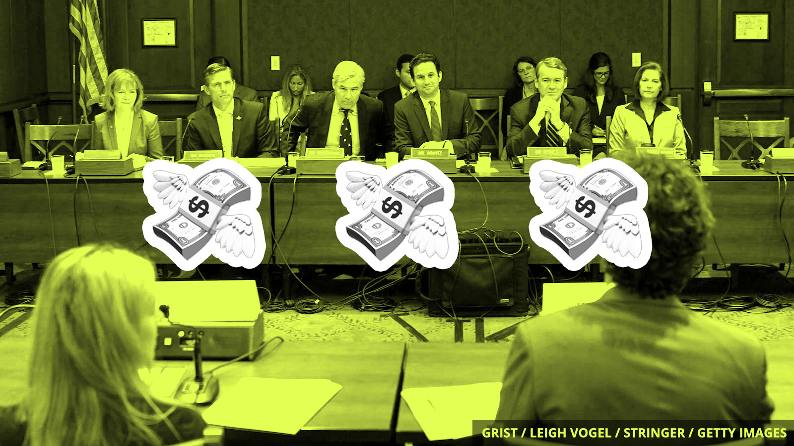 Flying dollar bills in front of a committee of senators.