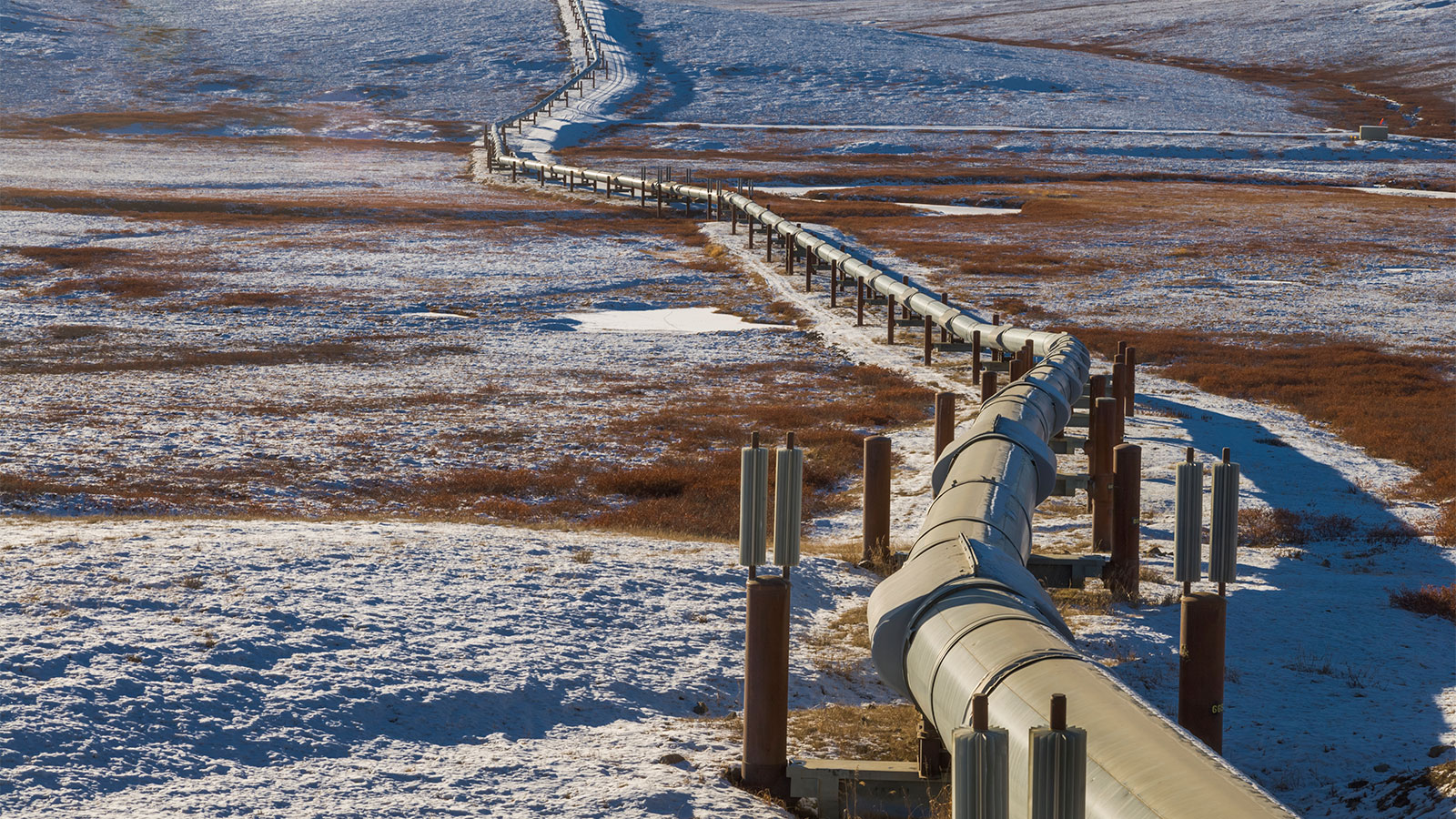 A pipeline stretches through partly frozen tundra in Alaska.