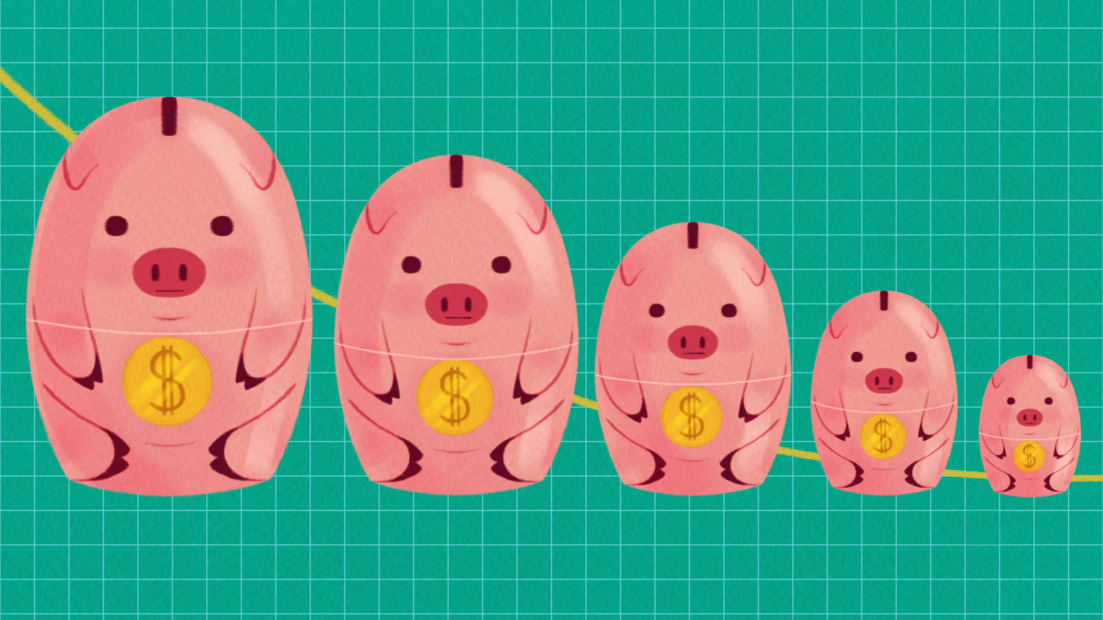 Pig nesting dolls in a line from large to small