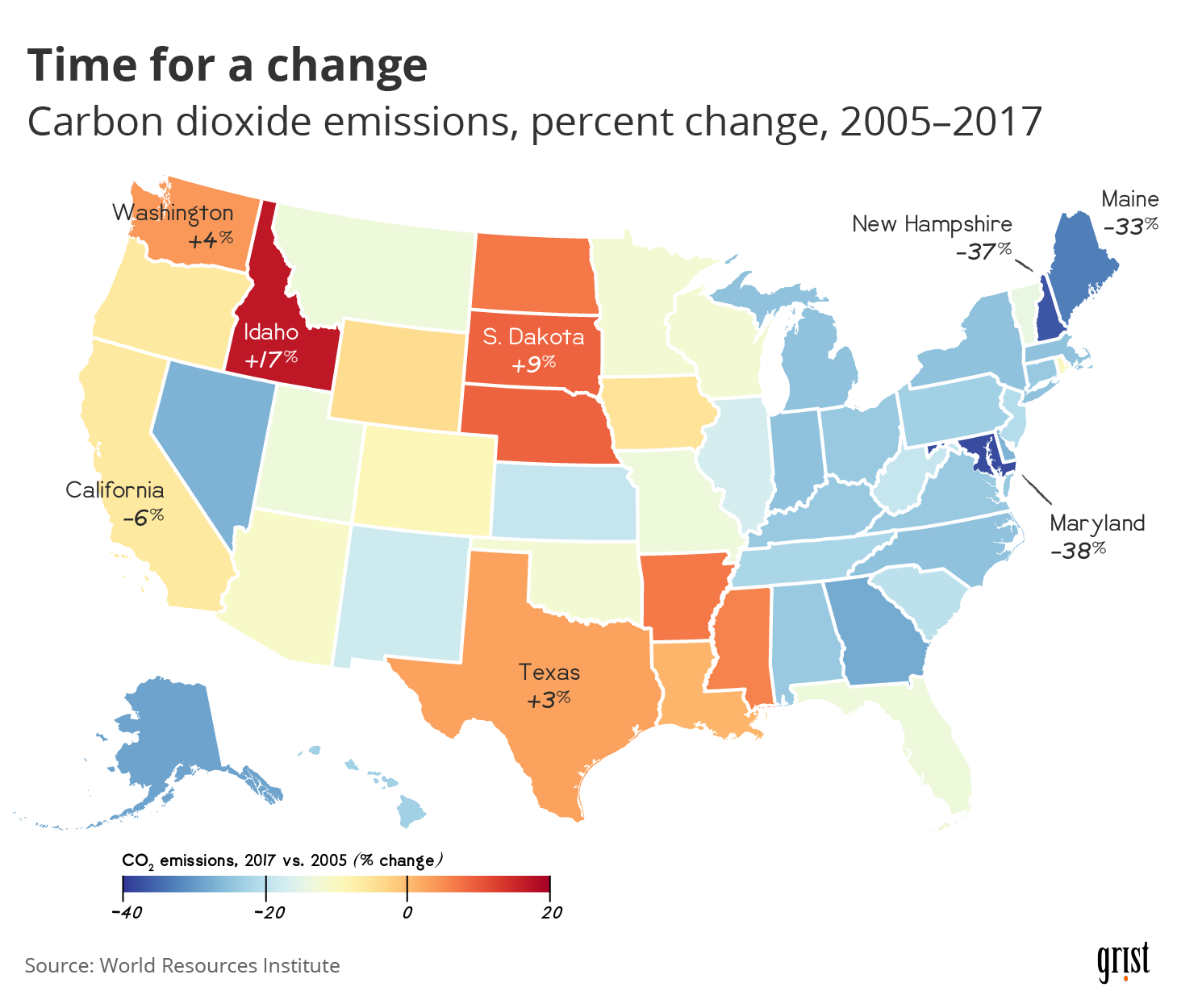 A map showing the change in CO2 emissions for U.S. states between 2005 and 2017. Maryland had the largest decrease (at 38%). Idaho had the largest increase (at 17%).