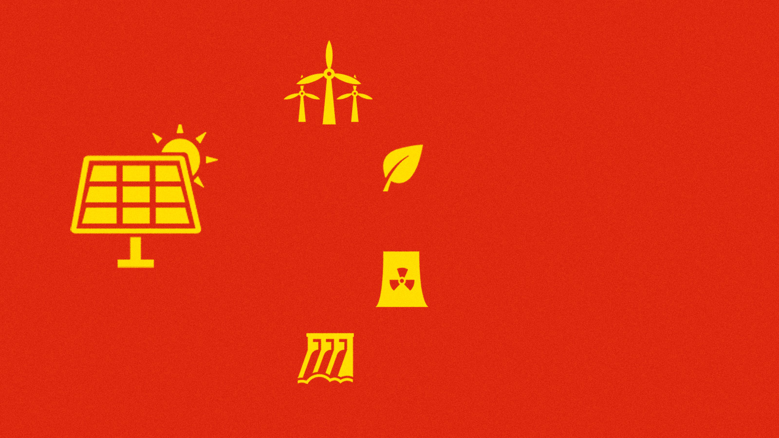 A stylized version of the Chinese flag with green energy icons in place of the stars