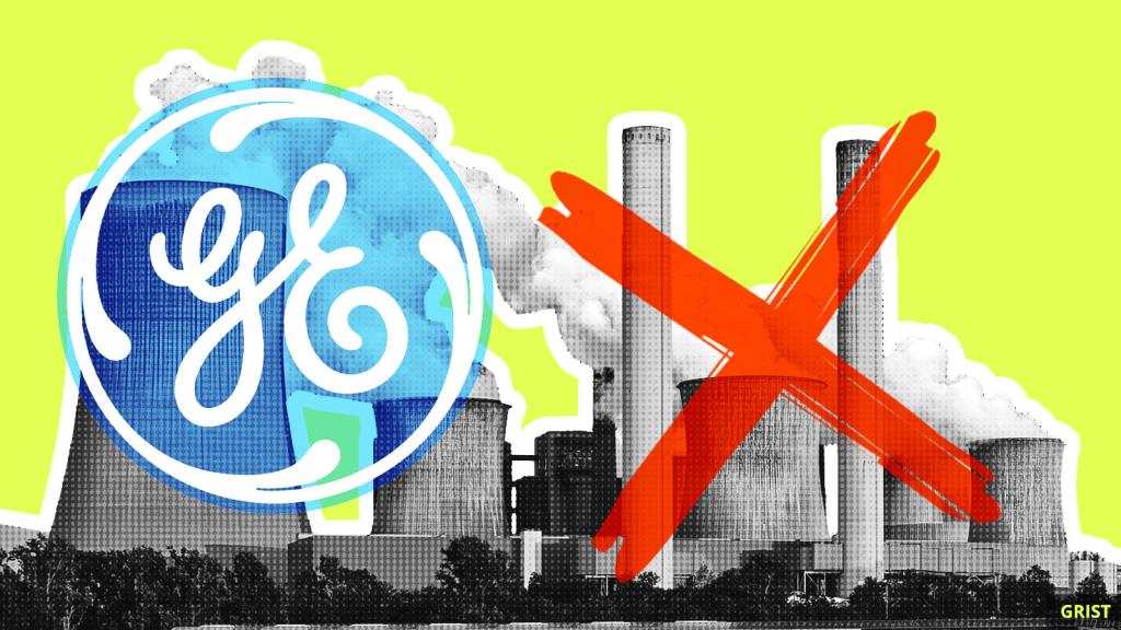 a coal plant with a red X over it and a general electric logo